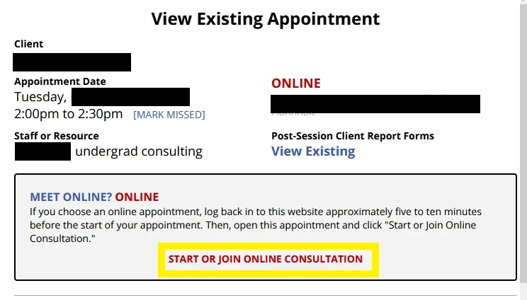Screenshot of an online appointment page with a highlighted "Start or Join Online Consultation" button, making it easy to manage appointments and access FAQ or policies for your session.
