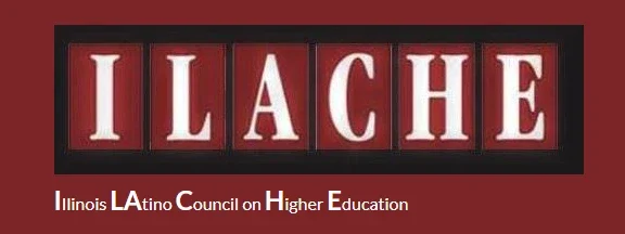 Logo for ILACHE: Illinois Latino Council on Higher Education, with white text on a red and black background, highlighting resources and support for Latino students.