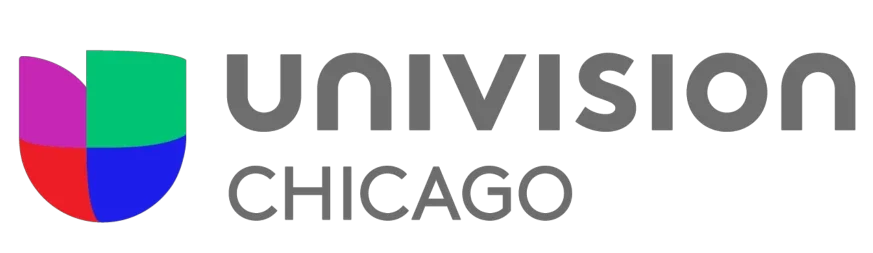 Univision Chicago logo featuring a multicolored shield and black text, symbolizing resources and support for the diverse community.