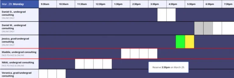 A scheduling chart with colored blocks shows consulting availabilities for six people on March 28, Monday. Easily book appointments and refer to our FAQ or policies for more information.