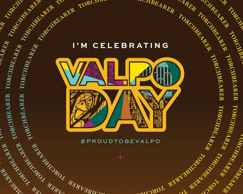 Valpo Day graphic with colorful letters and text: I'm celebrating #ProudToBeValpo, Torchbearer repeated in circles.