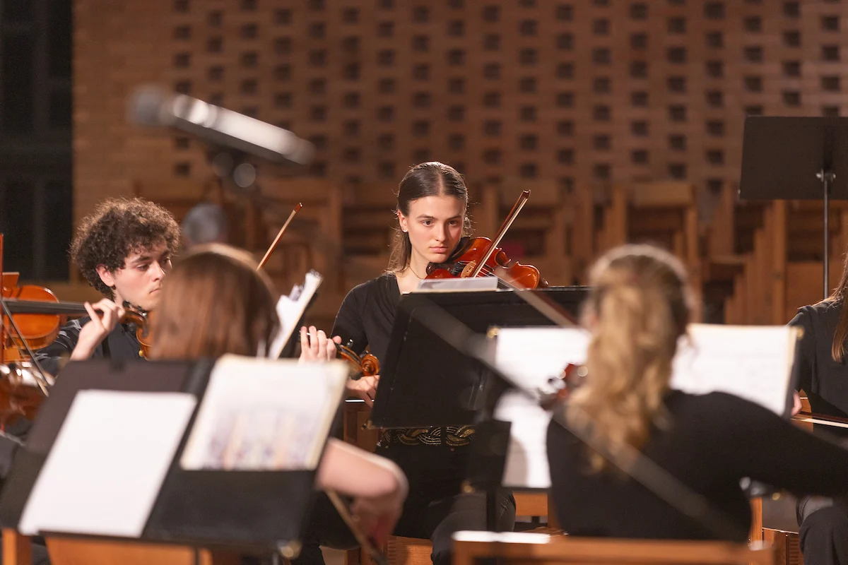 A focused violinist plays in an orchestra, surrounded by sheet music and other musicians, capturing the essence of Arts & Culture.