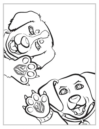 Two cartoon puppies waving their paws, wearing collars and smiling, in a black and white coloring page.