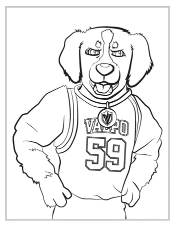 Cartoon dog mascot wearing a "Valpo 59" sports jersey, standing with a confident pose.