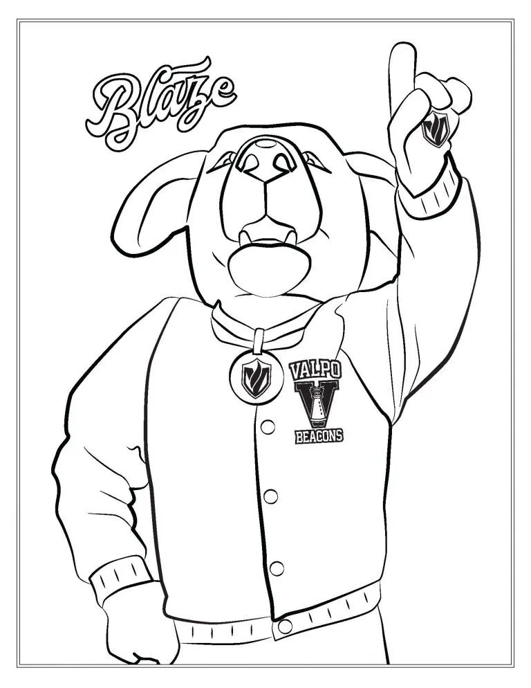 Valparaiso University mascot Blaze wears a jacket, points up, and stands below "Blaze" in stylized text. Perfect for Valpo Digital Downloads and school spirit collections.