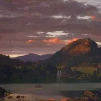 A tranquil lake with a small boat, mountains, and a cloudy sunset sky with hints of orange and pink—perfect for exhibitions & series that celebrate nature’s serene beauty.
