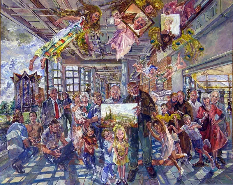 Colorful, surreal scene of diverse people and floating children in a vibrant, crowded indoor space with large windows.
