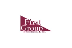 Logo for First Group Engineering, Inc., with text on a maroon triangle pointing right on a white background—perfect for professional spaces such as the Center for the Arts.