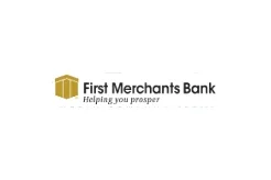 First Merchants Bank logo with gold icon and slogan “Helping you prosper” in black text, proudly supporting the Center for the Arts.
