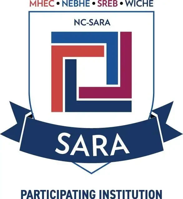 NC-SARA logo with interlocking squares and a ribbon reading "SARA Participating Institution" at the bottom, highlighting accreditation.