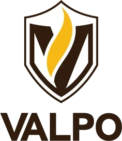 Shield logo with a gold flame in the center and "VALPO" written below in bold black letters, ideal for use in Brand Style Guides.
