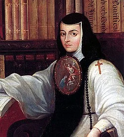 Portrait of Sister Juana Ines de la Cruz, the renowned Mexican writer, in religious habit with books in the background and a medallion on her chest.