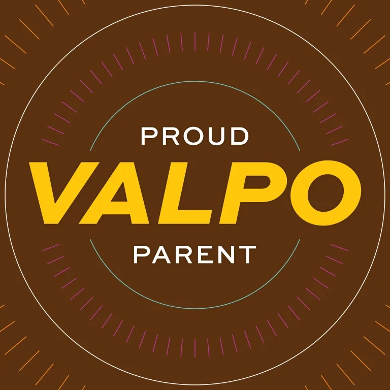 Text reading "Proud Valpo Parent" on a brown background with circular accent lines.