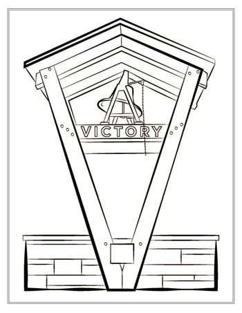 Line drawing of a V-shaped wooden structure with the word "VICTORY" and a bell hanging above it.