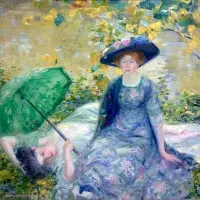 Two women in dresses relax outdoors; one sits with a hat, the other reclines holding a green umbrella—a tranquil scene featured in recent Exhibitions & Series.