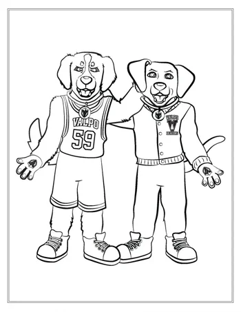Two cartoon dogs standing side by side, wearing sports and varsity outfits, smiling with arms open.