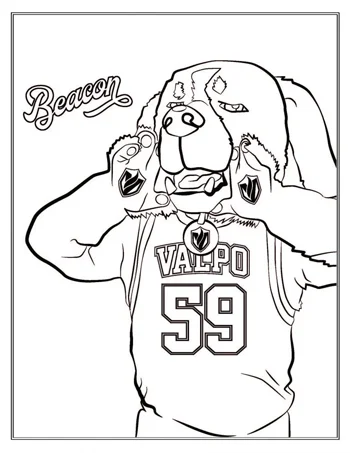 Mascot dog named Beacon in a Valpo 59 jersey holding two medallions near its cheeks.