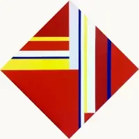 Diamond shape with red, yellow, white, and blue geometric lines and blocks on a white background—perfect for exhibitions & series showcasing modern design.