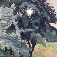 Sunlight shines through dense green foliage of trees near a path in a park or garden, creating a scene reminiscent of nature-inspired exhibitions & series.