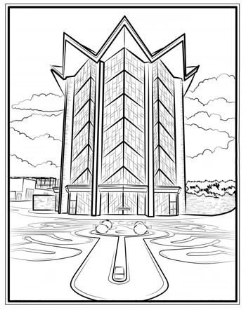 A tall, modern building with a star-shaped roof and geometric patterns, viewed from the front.