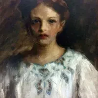 A painted portrait of a young girl with brown hair, wearing a white blouse with blue embroidery, featured in recent exhibitions & series.