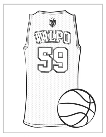 Outline of a basketball jersey labeled "VALPO 59" with a basketball in the lower right corner.