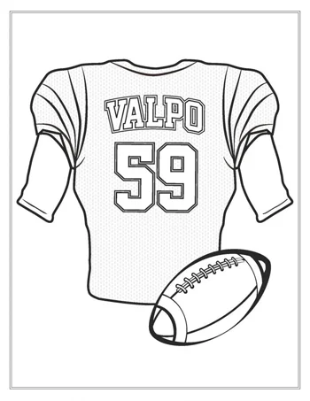 Black and white drawing of a football jersey with "VALPO 59" and a football in front of it.