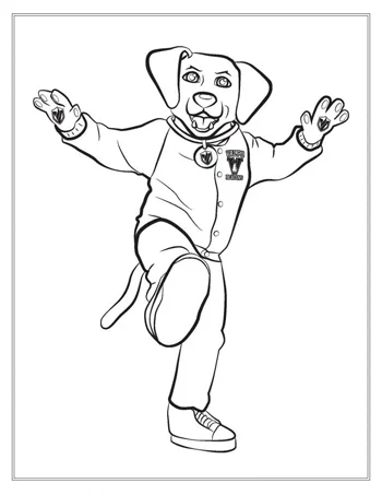 Cartoon dog mascot wearing a jacket, standing on one leg with arms raised, smiling playfully.