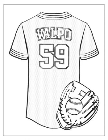 A baseball jersey with "VALPO 59" and a glove holding a baseball in front of it.