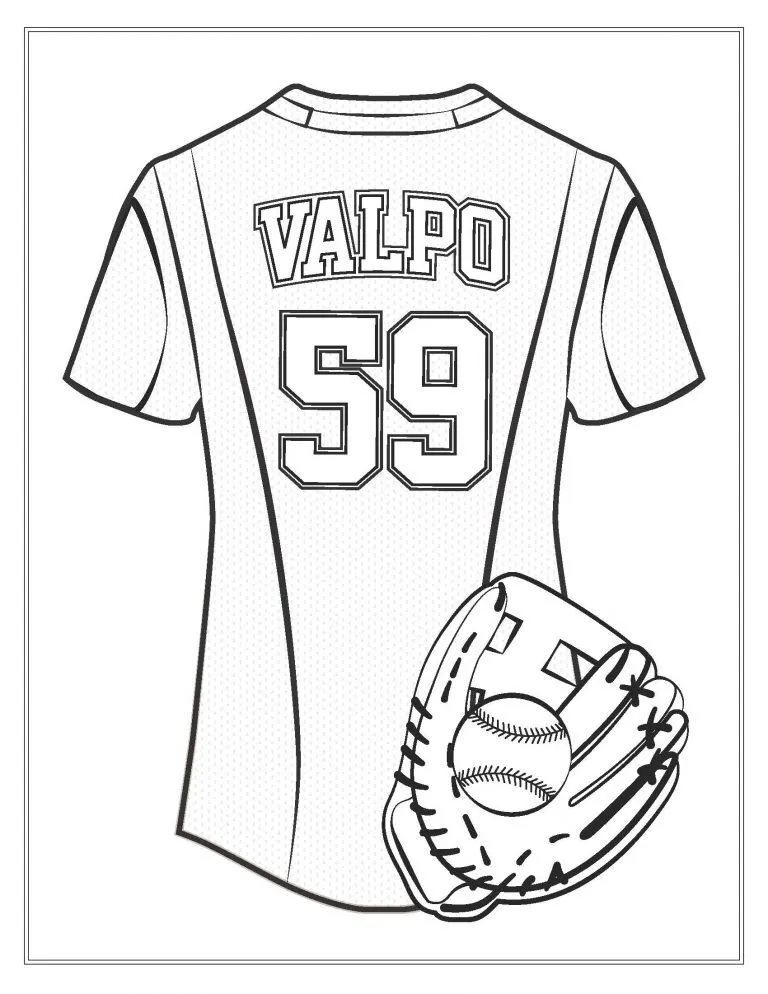 Outline drawing of a baseball jersey labeled "VALPO 59" with a baseball and glove in the foreground, available as part of the Valpo Digital Downloads collection.