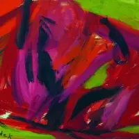 Abstract painting from recent exhibitions, featuring bold red, purple, and black brushstrokes on a bright green background, part of an innovative series.