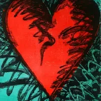A large red heart with black, expressive brush strokes on a teal and black background, perfect for exhibitions & series that celebrate bold emotion.