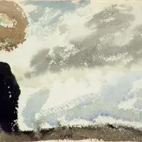 A person stands on a beach, gazing at waves beneath a cloudy sky in soft, muted colors—an evocative scene from our latest Exhibitions & Series.