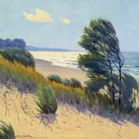 Painting of a sandy beach with grasses, trees bent by wind, and waves under a partly cloudy sky, featured in recent exhibitions & series.