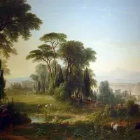 A serene landscape from our Exhibitions & Series, featuring tall trees, green fields, grazing animals, and a hazy sky in the background.