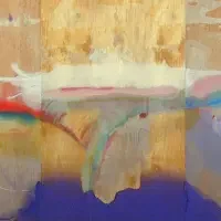 Abstract painting with beige, white, red, blue, and purple streaks blended across a textured background, perfect for art exhibitions or as part of contemporary series.