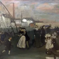 People in old-fashioned clothing gather outdoors near a factory with smoke, under a cloudy sky at sunset—capturing the essence of historic Exhibitions & Series.