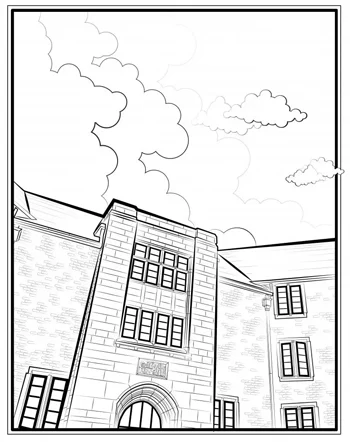 Line drawing of a large brick building with many windows and a cloudy sky above.