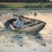 A girl sits in a wooden rowboat on a calm, lily-covered pond at sunset, evoking the tranquil beauty often captured in art exhibitions & series.