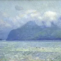 Impressionist painting of a blue-green mountain by a calm sea under a cloudy sky, featured in renowned exhibitions & series.