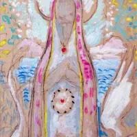 Abstract pastel artwork of a serene, angelic figure with a halo and heart motif, surrounded by soft colors, perfect for Exhibitions & Series celebrating ethereal beauty.