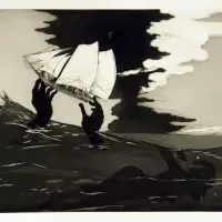 A person in dark water holds up a white sailboat against a dramatic, cloudy sky, evoking themes often explored in exhibitions & series.