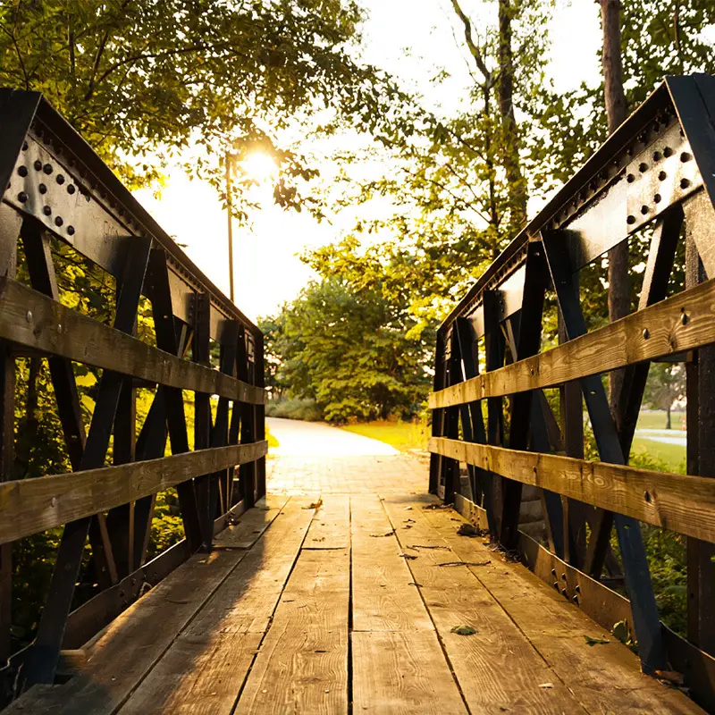Wooden bridge with metal railings in a sunlit park, surrounded by green trees and a path ahead—perfect for Valpo Digital Downloads.