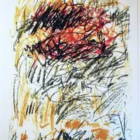 Abstract art with chaotic black, red, and yellow crayon scribbles on a white background, perfect for contemporary exhibitions or as part of bold series collections.