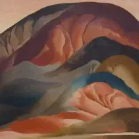 Abstract painting of layered, colorful hills and mountains in earthy tones of red, brown, orange, and blue—perfect for exhibitions & series highlighting vibrant landscape art.
