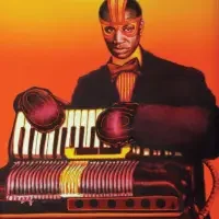 A man in a suit with a painted face plays an accordion against an orange background, capturing a striking moment from our Exhibitions & Series collection.