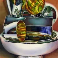 Abstract still life from the artist’s Exhibitions & Series featuring shiny metallic cups and objects stacked in a white bowl, set against a brown background.