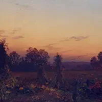 Sunset over a rural field with trees and haystacks, sky glowing with warm orange and purple tones—perfect for exhibitions & series capturing the serene beauty of countryside evenings.
