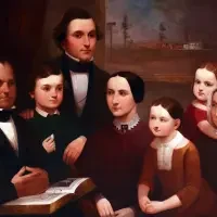 A vintage family portrait shows seven people in formal 19th-century clothing gathered around an open book, capturing a timeless moment featured in our Exhibitions & Series.