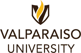 Valparaiso University logo designed for Brand Style Guides, featuring a yellow flame above the university name in bold black letters.
